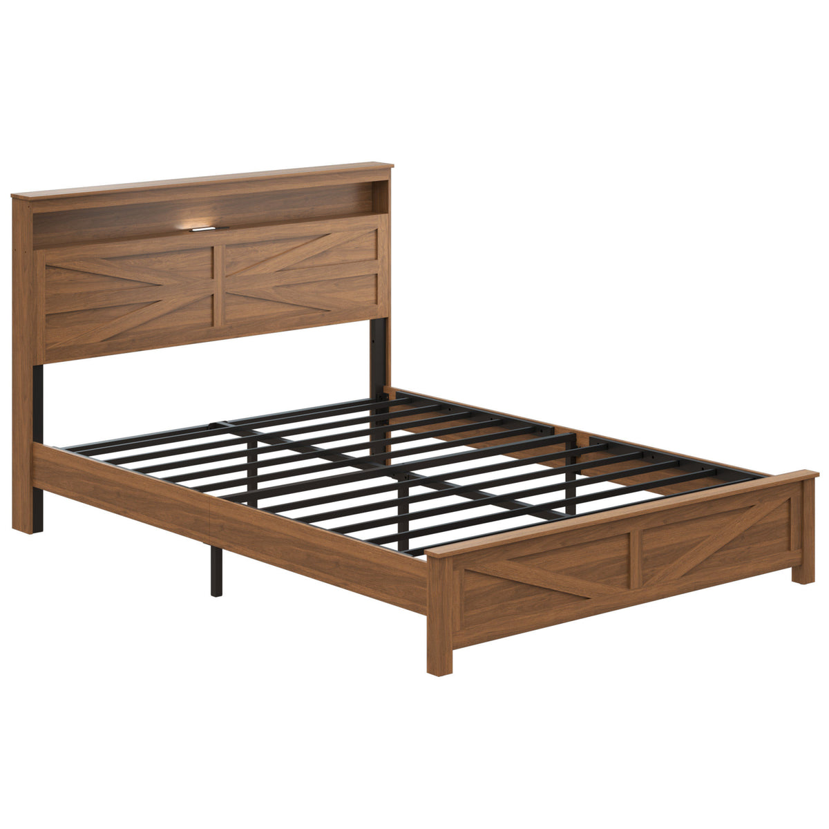 Queen size bed frame headboard with LED lights and charging station cushion platform bed frame, large bed, with headboard and hidden storage space, no box spring required, Antique,Brown