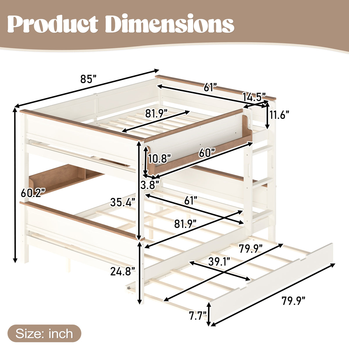 Queen over Queen Wood Bunk Bed with Pull-out Trundle Bed, Side Storage Shelf, Detachable Bunk Bed Frame, Convertible Into 2 Separate Beds for Kids Teens Adults, Beige&Natural