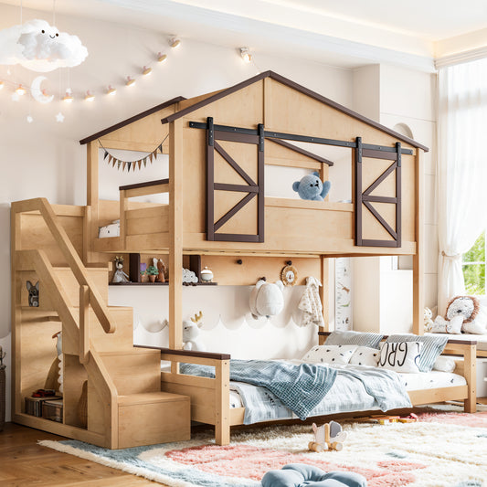 Twin over Full House Bunk Bed,  Bunk Bed with barn style sliding doors and Storage Shelves, Bunk bed with storage stair, Playhouse Bunk Bed for Kids Teens, No Box Spring Needed.Natural