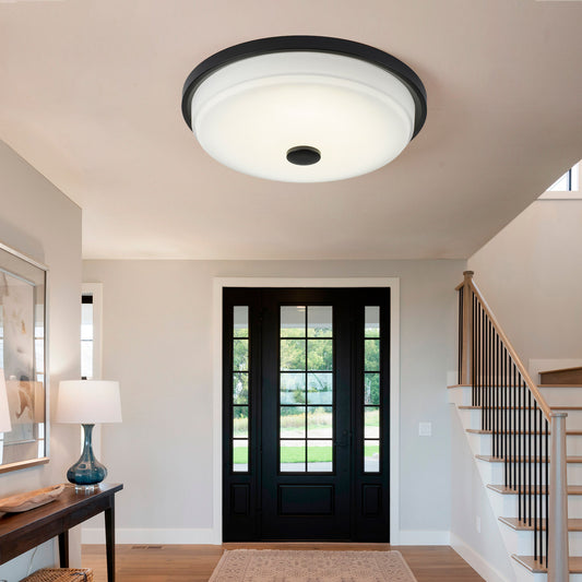14.37" x 14.37" x 3.54" LED Flush Mount Ceiling Light, 25W Remote Stepless Dimmable Ceiling Lamp, RA>90, Metal Body & Glass Shade