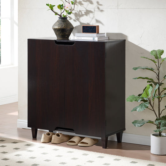 Two door shoe storage entryway console cabinet with vented cutout handles tapered foot legs metal hinges four shelves Espresso color