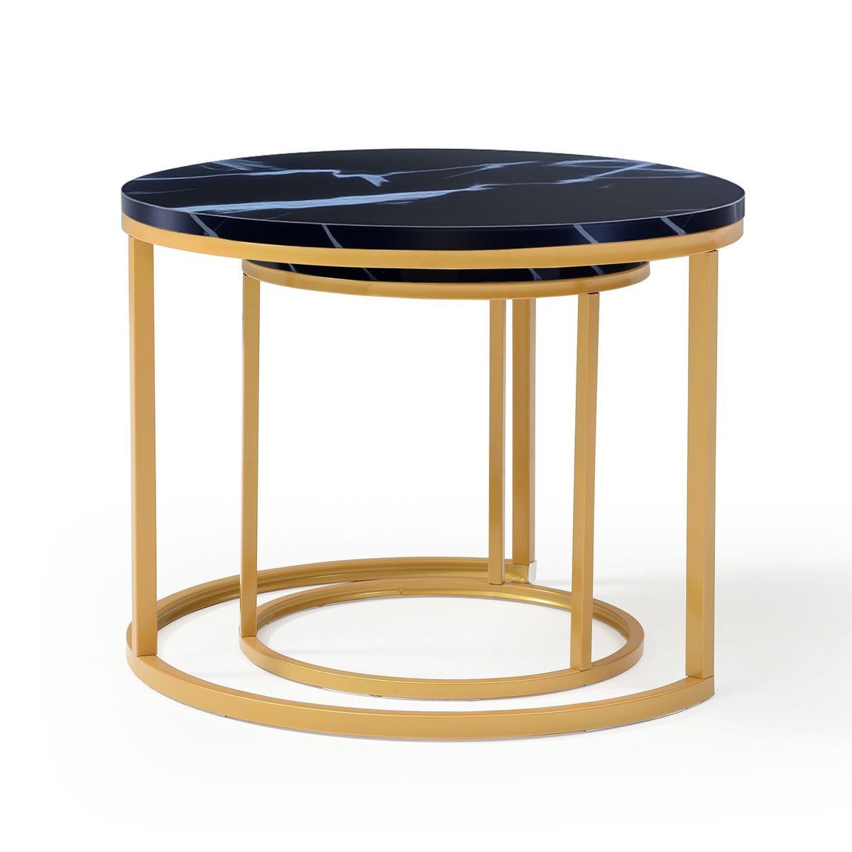 Set 2 Coffee Table Nesting Black top Golden Frame Circular Round and Marble Pattern Wooden Tables