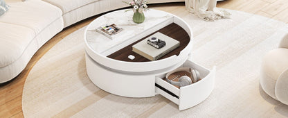 White Round Lift Coffee Table with 1 Drawer in 29.5', Marble Veneer and Wood Grain Tabletop