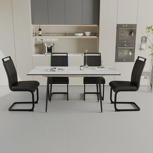 47'-63' expandable dining table set for 2-6 people, equipped with C-shaped tubular cushioned armless dining chair and an elegant and spacious dining table kitchen table and chair set, with metal legs
