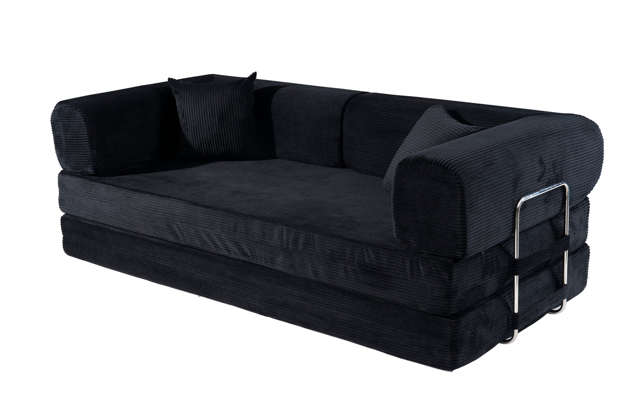 Convertible Sofa Bed, Folding Floor Couch Corduroy Fold Out Couch Bed Futon Sleeper Mattress with Pillows, Boneless Sofa for Living Room Bedroom,BLACK