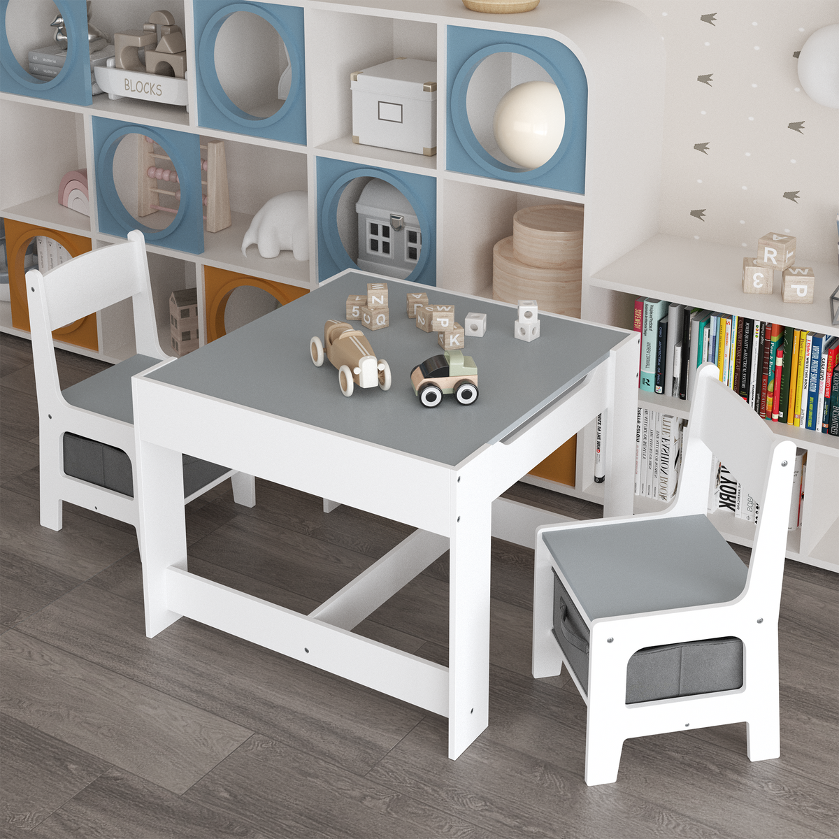 Kids Table and Chair Set, 3-in-1 Wooden Activity Table with Storage Drawer for Toddlers Drawing, Reading, Crafts, 2-in-1 Detachable Top in White+Gray MDF