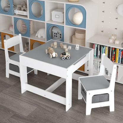 Kids Table and Chair Set, 3-in-1 Wooden Activity Table with Storage Drawer for Toddlers Drawing, Reading, Crafts, 2-in-1 Detachable Top in White+Gray MDF
