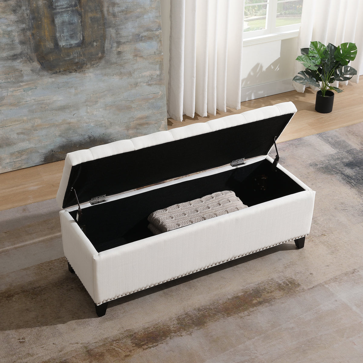 Beige Linen Button-Tufted Storage Ottoman with Safety Close Hinge, 47.5" x 16.5" x 16.25", Plywood Frame, High-Density Foam Cushion