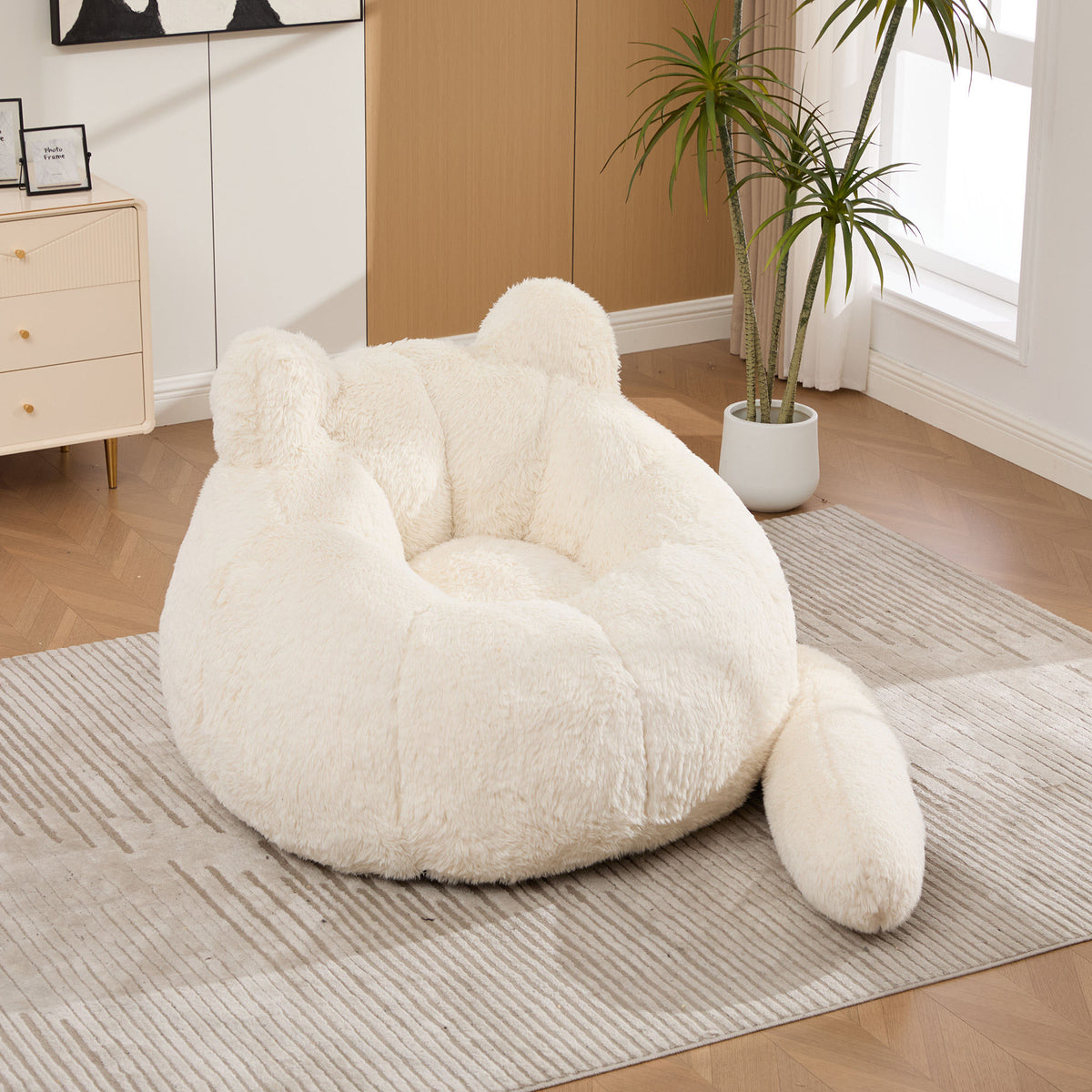 41.7'' W Boneless Single Sofa, Faux Fur Large Bean Bag, Cat Shaped with Tail Pillow Fluffy Beanbag, Comfy Accent Floor Chair for Reading, Gaming Nap Lounge in Living Room Bedroom Dorm Apartment, Beige