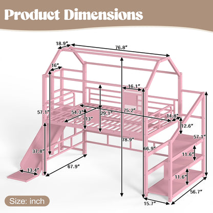 Full House Loft bed with Slide and Stairs, Metal Playhouse Bed with Storage Shelves, House-shaped Roof and Noise-free Design, Pink