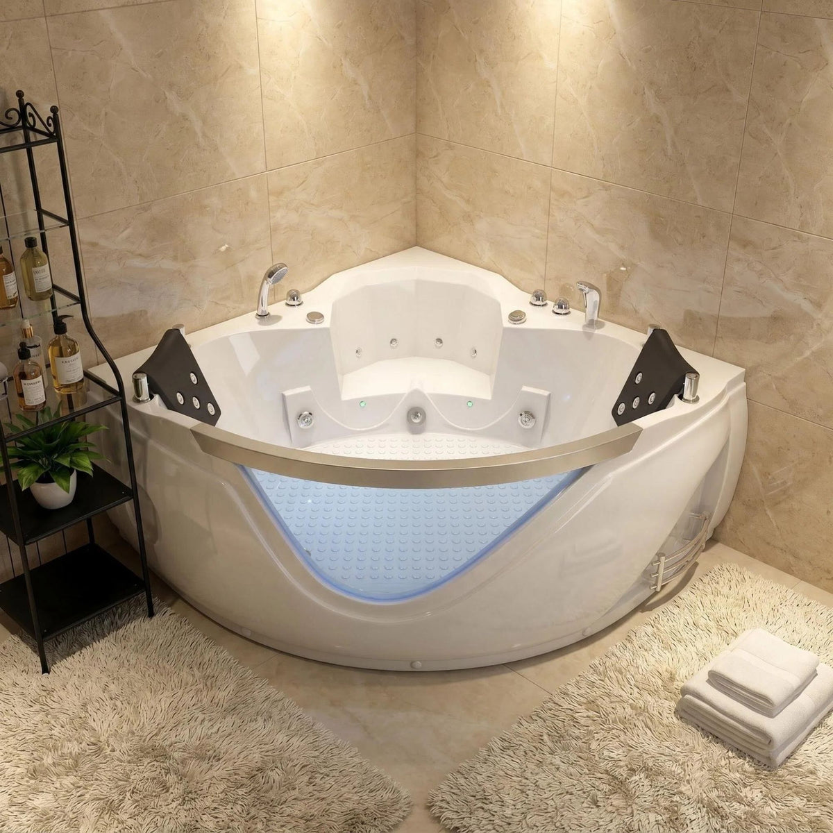 59" light luxury double corner whirlpool bathtub, 20 sets of multi-directional massage nozzles, chromotherapy healing atmosphere, brand-level certified accessories