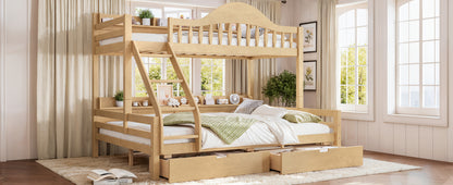 Twin XL Over Queen Bunk Bed with Storage Drawers, Chic Curved Guardrail & Side Storage Shelves, solid wood Bunk Bed Frame with Ladder, No Box Spring Needed. Natural
