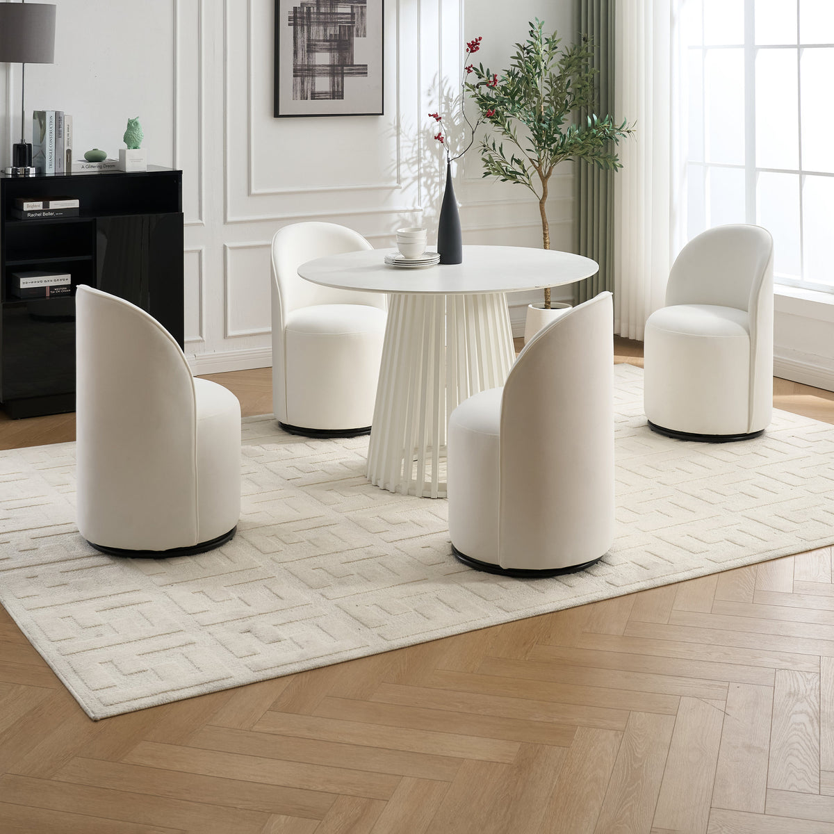 Mid Century Modern Velvet Barrel Chair, 360 Degree Swivel Armless Dining Chair in Cream, Metal and Wood Frame with High-Density Sponge Cushion