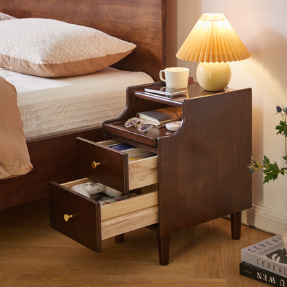Solid Wood Nightstand with Two Drawers and Pull-out Panel Storage Bedside Table and Sofa Side Table