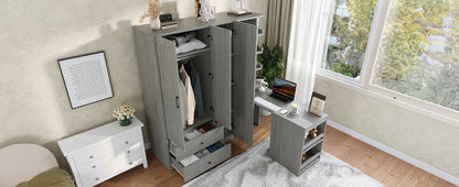 Multifunctional Wardrobe with 2 Doors and Hanging Rod, Wooden clothes closet with Convertible Desk and Storage Drawers – Model W1580S00476