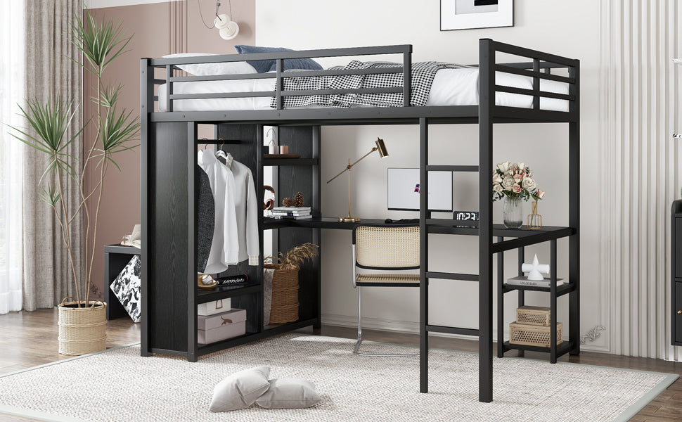 Full Size Loft Bed Frame with Built-in Wardrobe, Metal Loft Bed with Desk and Storage Shelves, Black