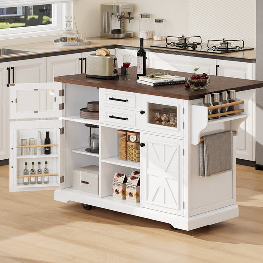 K&K 54.9" Kitchen Island with Drop Leaf, Power Outlet, Kitchen Storage Cart with 4 Door Shelves, Cross Barn Doors & Visual Glass Door – White