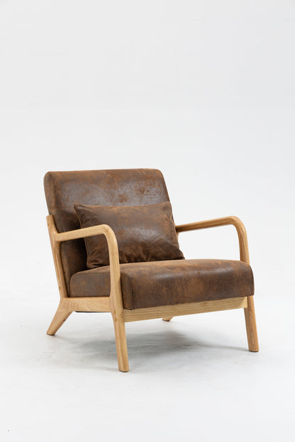 Mid Century Modern Accent Chair with Wood Frame, Upholstered Living Room Chairs with Waist Cushion, Reading Armchair for Bedroom Sunroom – Antique Brown