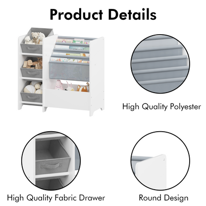 Kids Bookshelf and Toy Storage Organizer, Multifunctional 4 Tier Kids Book Shelf with 3 Collapsible Fabric Drawers