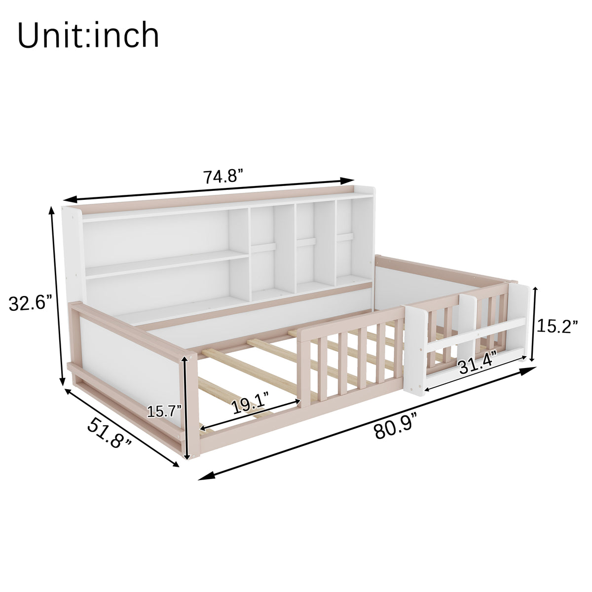 Twin Size Kids Wooden Platform Bed Frame with Guardrail Fence, Side Storage Shelves & Book Shelf, Space Saving Floor Bed,Nude and  White