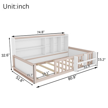 Twin Size Kids Wooden Platform Bed Frame with Guardrail Fence, Side Storage Shelves & Book Shelf, Space Saving Floor Bed,Nude and  White