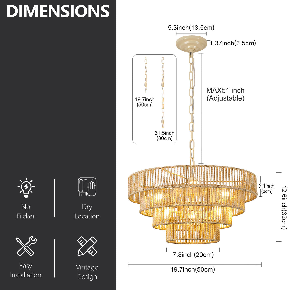 19.69" Tiered Glass Chandelier, 6-Light B12 Socket Pendant Light, Gold Metal Frame, Adjustable Hanging Cord