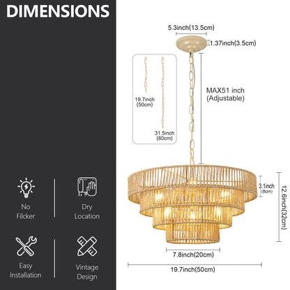 19.69" Tiered Glass Chandelier, 6-Light B12 Socket Pendant Light, Gold Metal Frame, Adjustable Hanging Cord