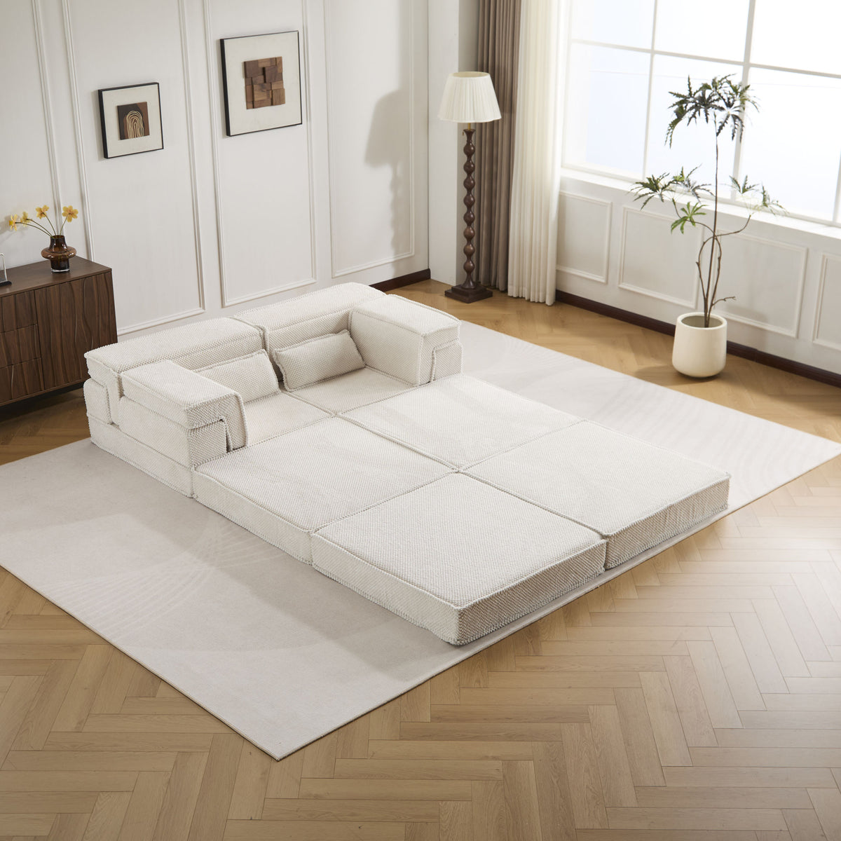 Compression Mahjong Sofa, Convertible Floor Sofa Bed, DIY Boneless Modular Sectional Sofa, No Assembly Required, Circle fleece fabric – Model W3723S00027