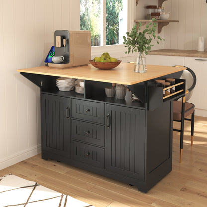K&K 55.7'' Large Kitchen Island with 2 Drop Leaf, Rolling Kitchen Cart on 5 Wheels with Power Outlet – Black