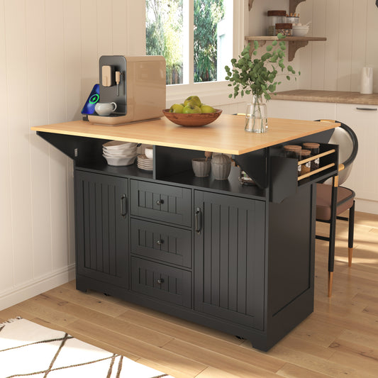 K&K 55.7'' Large Kitchen Island with 2 Drop Leaf, Rolling Kitchen Cart on 5 Wheels with Power Outlet – Black