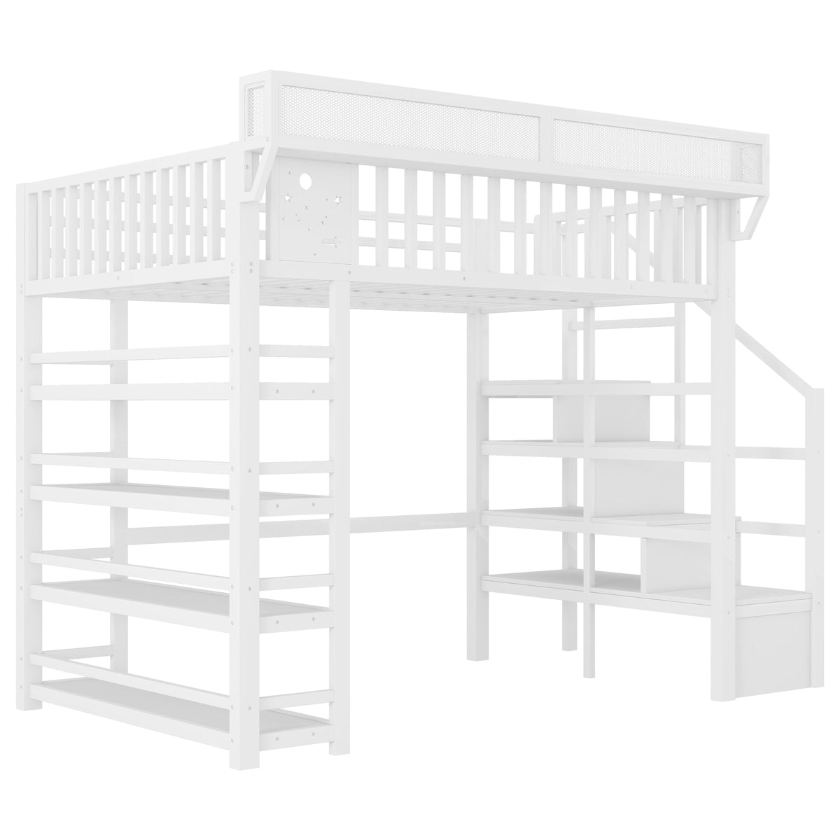 Full Loft Bed with 4 Shelf Storage Rack and Charging Station,Metal Full Loft Bed with Stairs Storage for Kids Teens, Patent Products,White(Old skuW2580S00075)