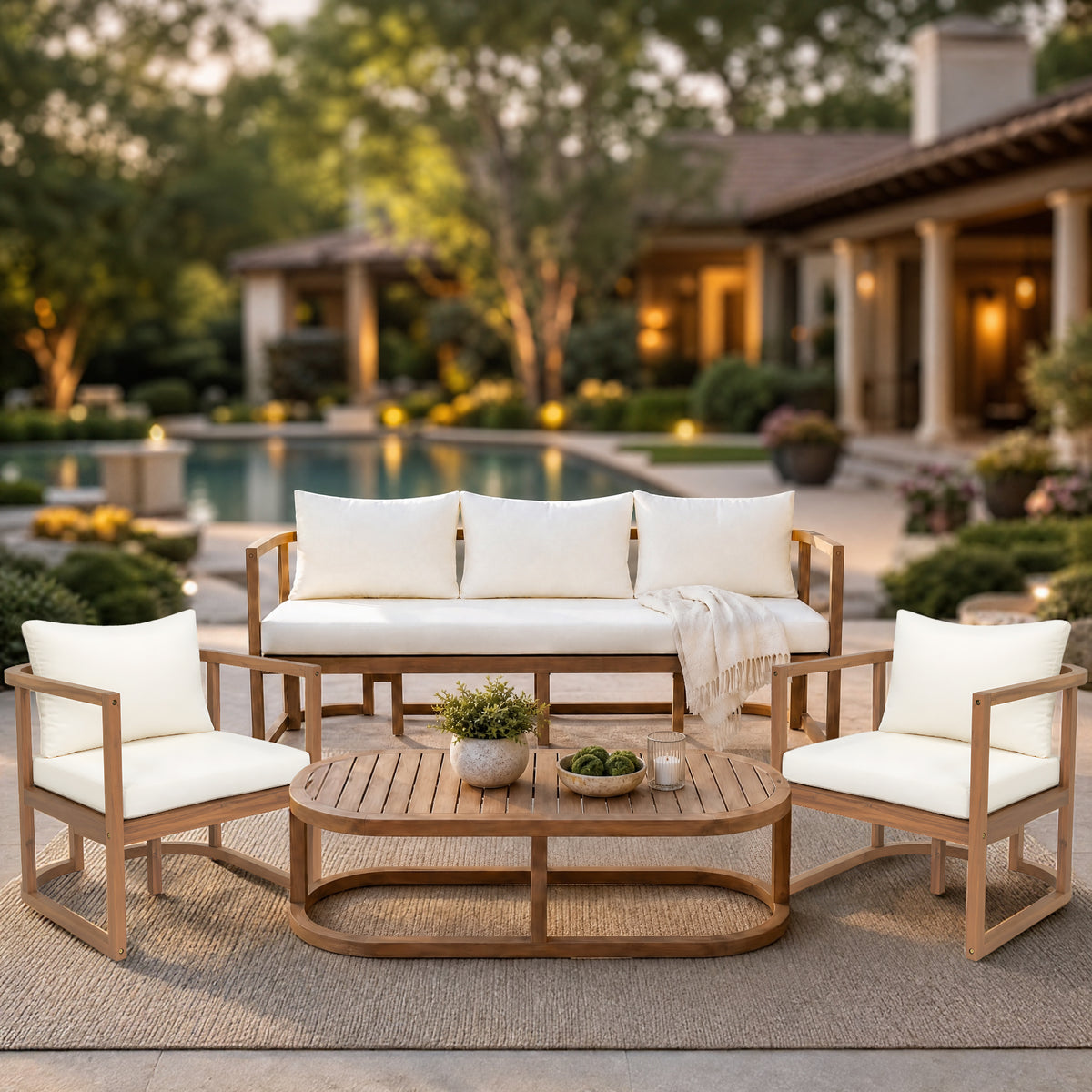 TOPMAX 4-Piece Modern Acacia Wood Sofa Set, Free Combination with a 3-Seater Sofa, 2 Armchairs and a Coffee Table, 4.7" Thick Seat Cushions,  Indoor&Outdoor Use, Light Teak+Beige Cushion