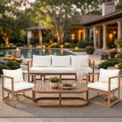 TOPMAX 4-Piece Modern Acacia Wood Sofa Set, Free Combination with a 3-Seater Sofa, 2 Armchairs and a Coffee Table, 4.7" Thick Seat Cushions,  Indoor&Outdoor Use, Light Teak+Beige Cushion