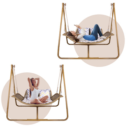 W2707P184379 Freestanding Double Egg Swing Chair with Stand, 570LBS Hammock Loveseat, Anti-Rust Wood Grain Alloy Frame, Plush Cushion, All Weather Wicker Lounge for Indoor Outdoor Patio Balcony Garden