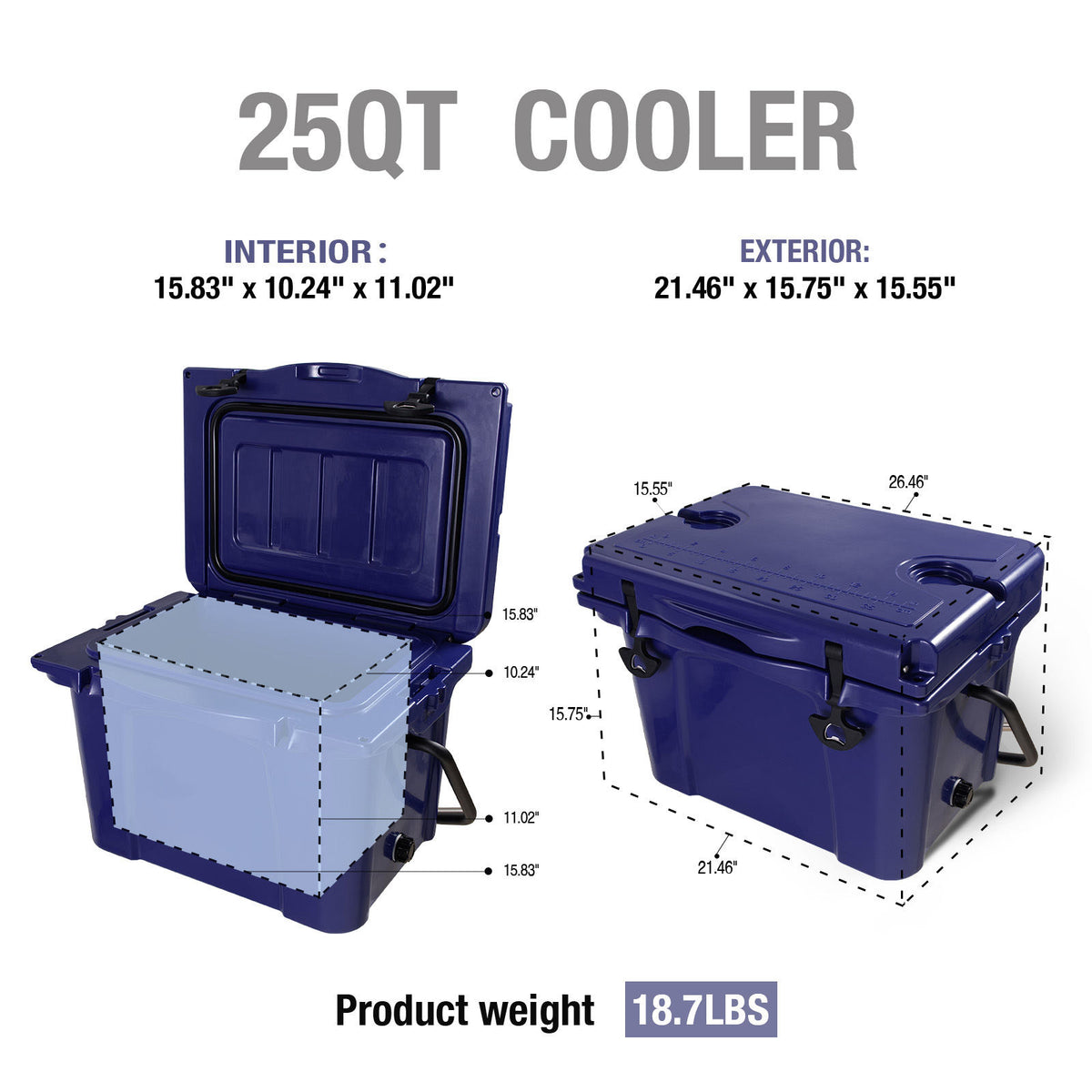 25QT Portable Cooler, Insulated Hard Cooler with Bottle Opener, Cup Holder, Forming Ruler, 5-7 Day Ice Retention, Travel, Beach, Camping, Fishing