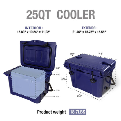 25QT Portable Cooler, Insulated Hard Cooler with Bottle Opener, Cup Holder, Forming Ruler, 5-7 Day Ice Retention, Travel, Beach, Camping, Fishing