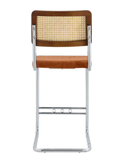 Natural Woven Bar Stool 2-Piece Set with Solid Wood Backrest 25 Inches Medieval Modern Style Counter Stool Coffee Color Velvet Kitchen Stool Chrome Metal Legs.