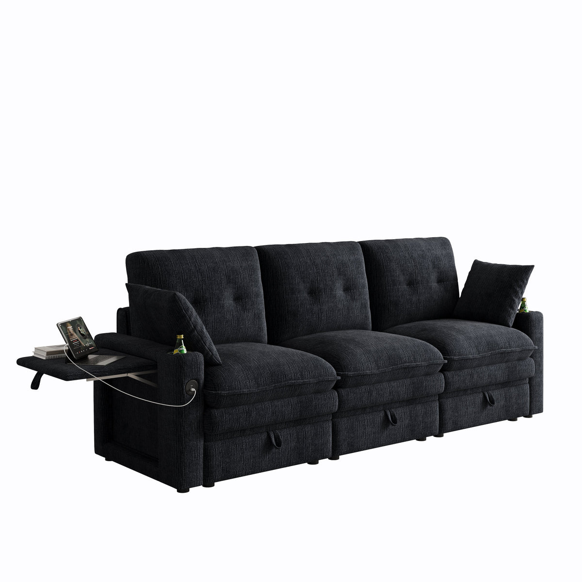 89-inch three-person cloud sofa with storage, armrests featuring hidden tabletop and USB ports, and armrests with storage function. High-quality cashmere three-person sofa. Suitable for living rooms,