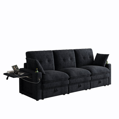89-inch three-person cloud sofa with storage, armrests featuring hidden tabletop and USB ports, and armrests with storage function. High-quality cashmere three-person sofa. Suitable for living rooms,