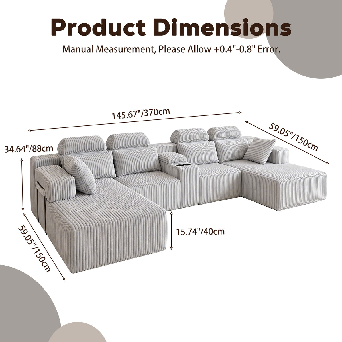 Modern  grey corduroy 6-seater U-shaped sofa with lounge chair and cup holder -145.7 inch oversized modular compression sofa, suitable for home theaters, luxury living spaces, tool free assembly