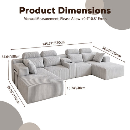 Modern  grey corduroy 6-seater U-shaped sofa with lounge chair and cup holder -145.7 inch oversized modular compression sofa, suitable for home theaters, luxury living spaces, tool free assembly