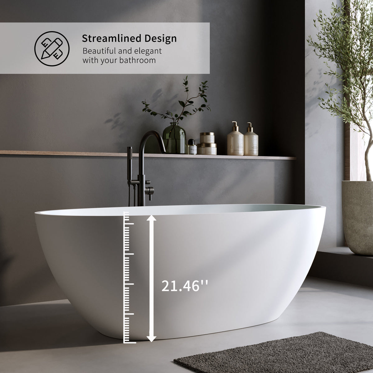 70.8″Solid Surface Matte Tub, Solid Surface Soaking Tub, Stone Resin Freestanding Bathtub, Thick Edge Stand Alone Tubs with Overflow