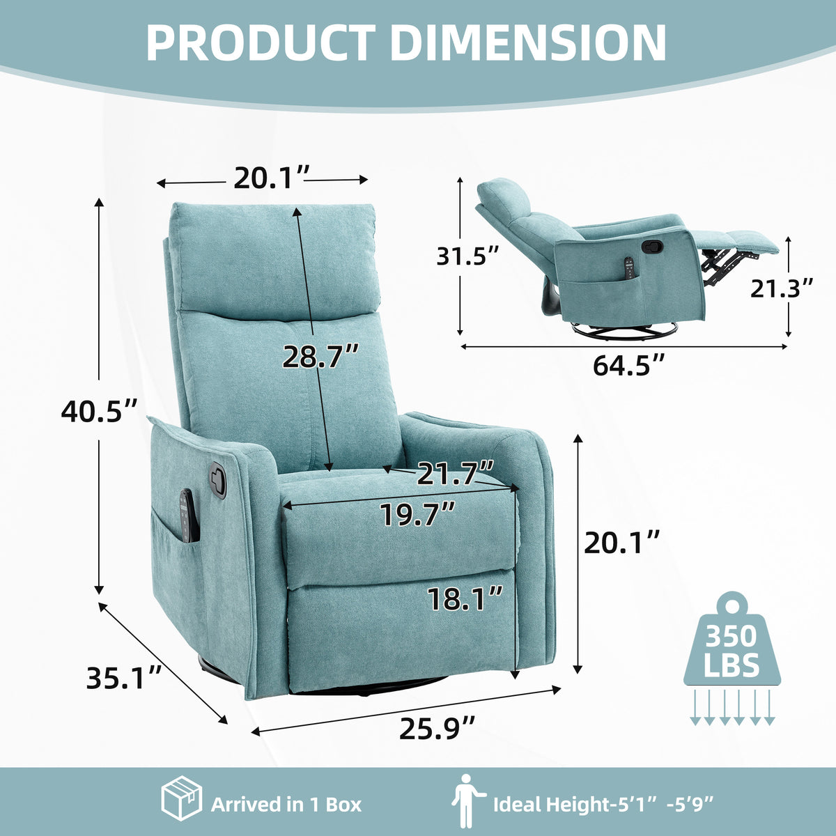 Heat Massage Manual Recliner Chair with Rocker and Swivel in Fabric for Living Room, Blue-Green