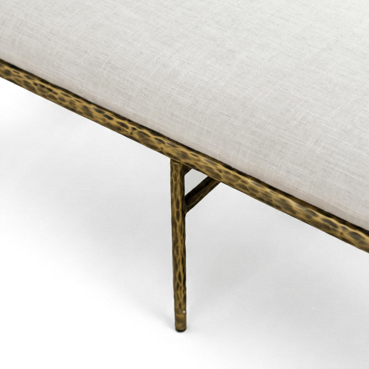 Contemporary Style 1pc Bench Matte Gold Hammered Look Forged Steel Fabric Cushion Seat Bedroom