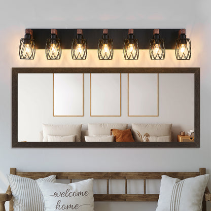 Industrial Vintage 7-Light Wall Sconce - Black Cage Wall Lighting Fixture with Wooden Accents, or Living Room (Bulb Not Included)