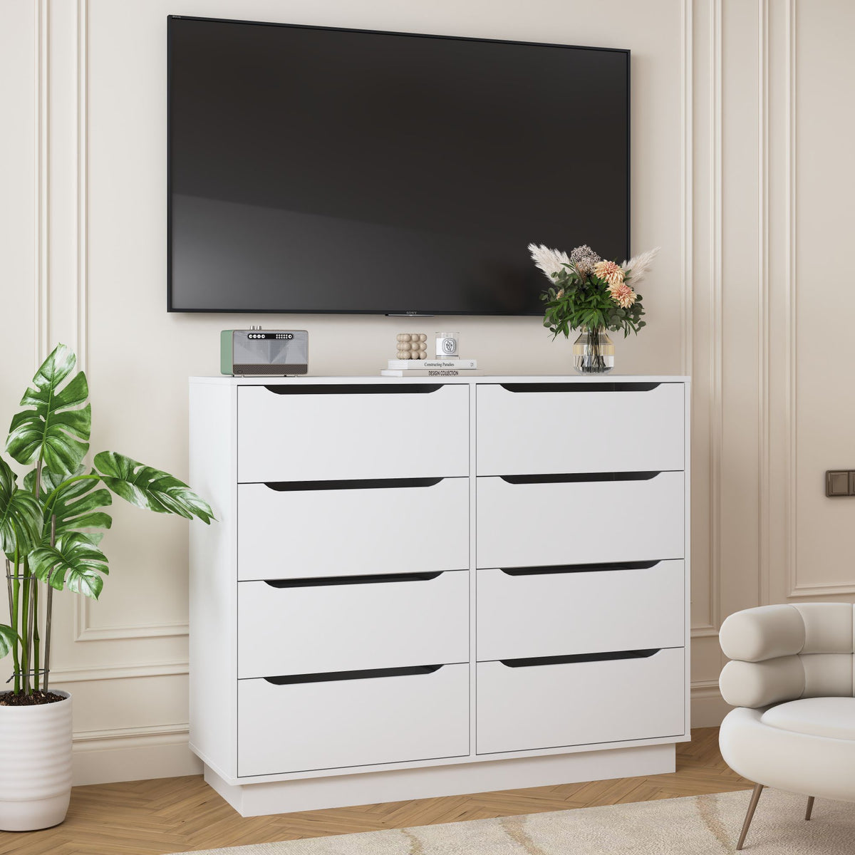 White Dresser, Long Dresser with 8 Drawers, 47.2''W Wooden Dressers Chest of 8 Drawers, Large Capacity Clothing Storage Cabinet
