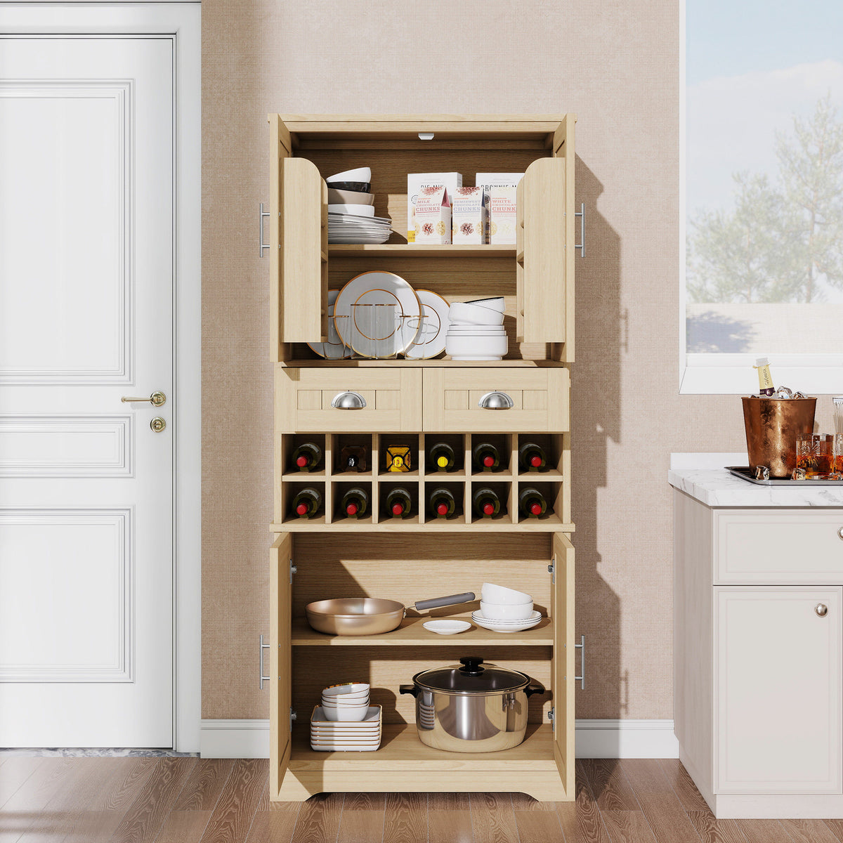 70.9" Tall Farmhouse Wine Storage Cabinet, Removable 12-Bottle Wine Rack, 2 Spacious Drawers, 4 Door Shelves, Adjustable Shelves & 2-Tier Storage Cabinets for Kitchen, Dining Room,Natural