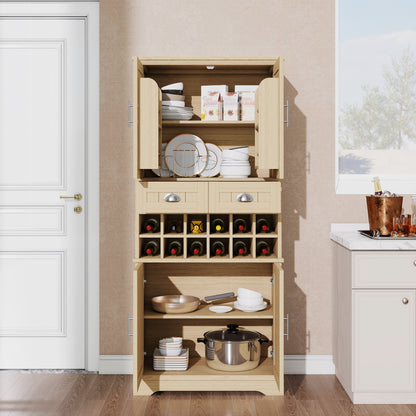 70.9" Tall Farmhouse Wine Storage Cabinet, Removable 12-Bottle Wine Rack, 2 Spacious Drawers, 4 Door Shelves, Adjustable Shelves & 2-Tier Storage Cabinets for Kitchen, Dining Room,Natural