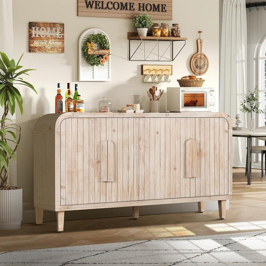 59'' Farmhouse Curved Vintage Storage Sideboard with Large Wooden Handles, Vertical Wood Grain Carving and Adjustable Shelves - Natural Wood Washed