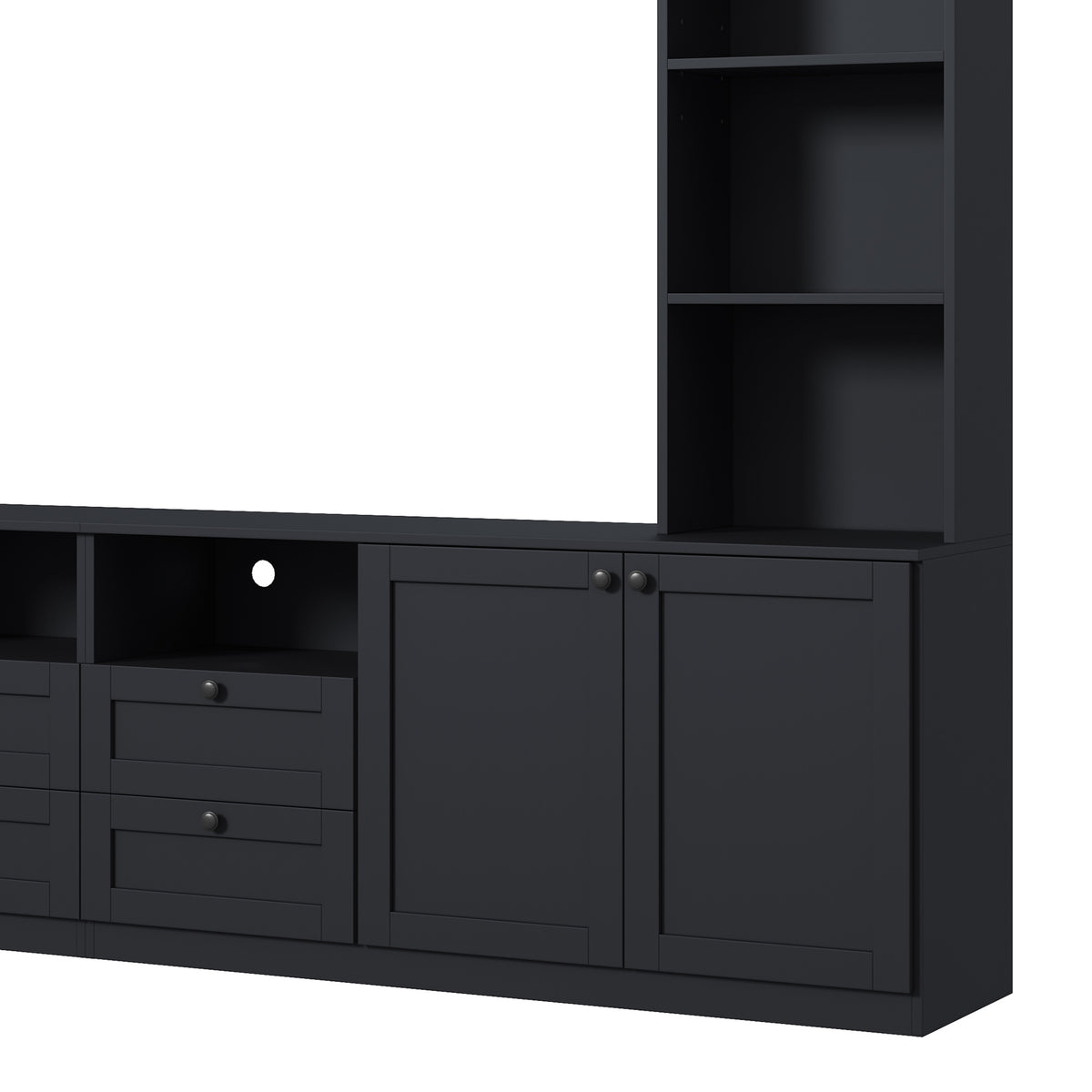 Farmhouse Elegant Entertainment Center Wall Unit with 4 Drawers, Modern Built in TV Stand with Bridge for TVs Up to 70", All-in-One Media Console with Adjustable Shelves for Living Room, Black